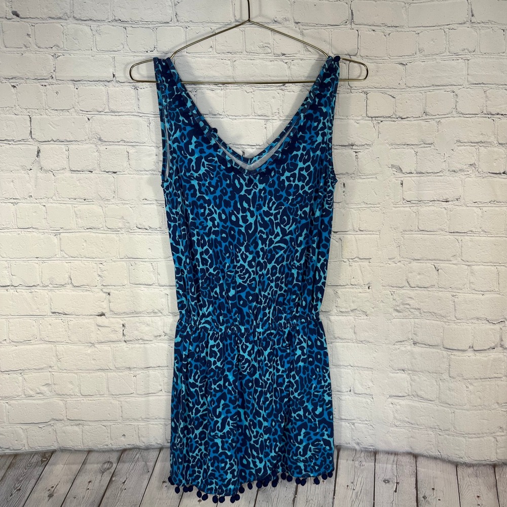 Lilly Pulitzer Blue Leopard Print Pom Pom Trim Romper XXS Sleeveless V-Neck